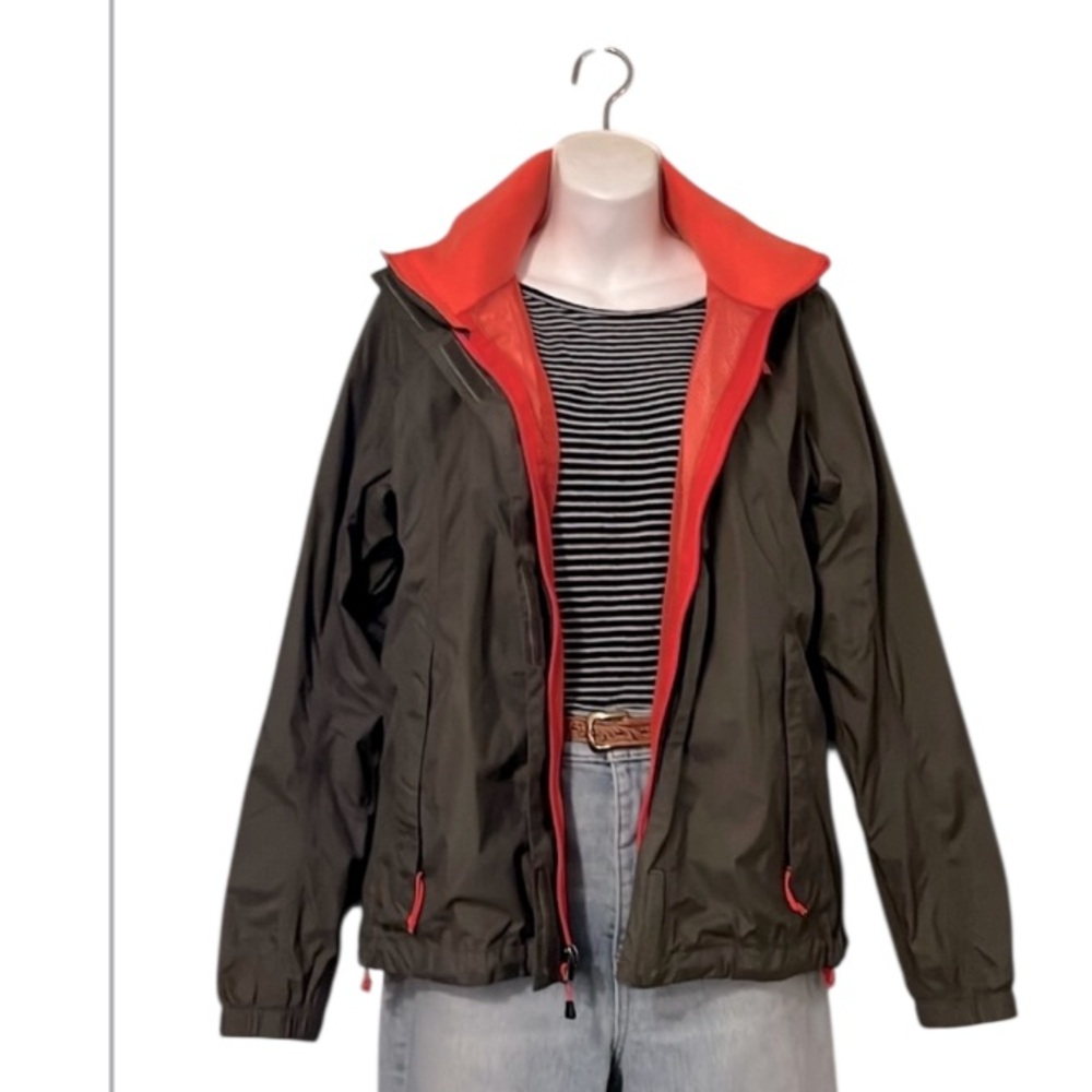 North Face Womans Olive Orange Wind Breaker Hood Funnel Neck Utility Rain Jacket